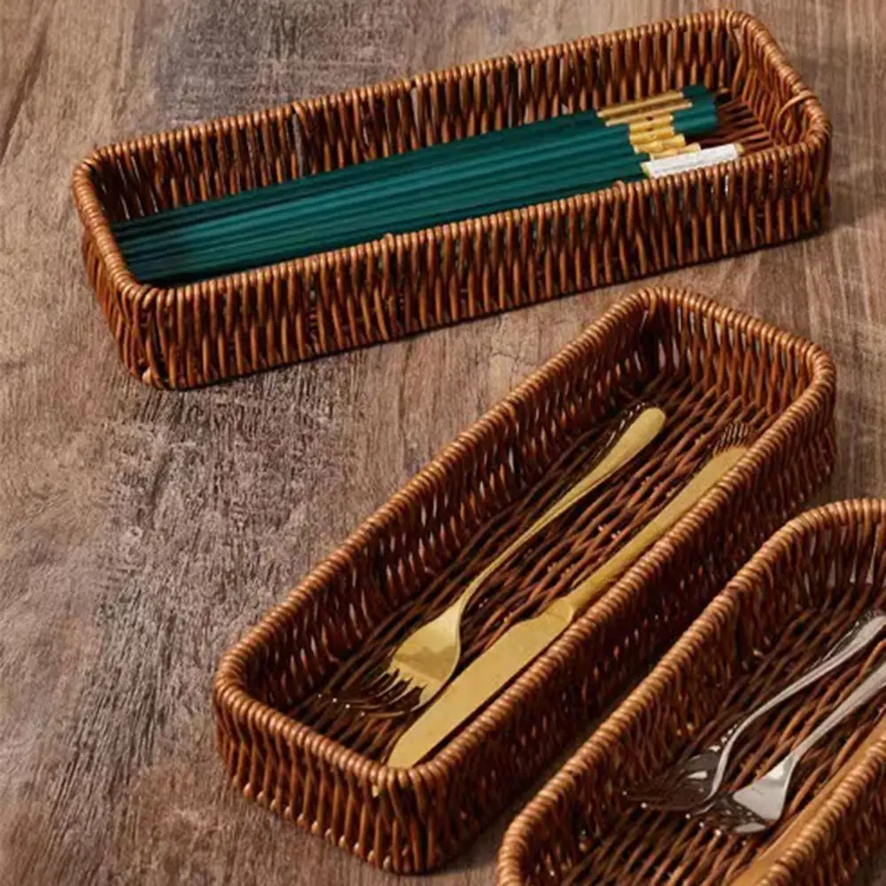 Imitation Rattan Storage Basket Faux Wicker Tray Plastic Picnic Basket Bread Food Plate Fruit Box Desk Decoration 3