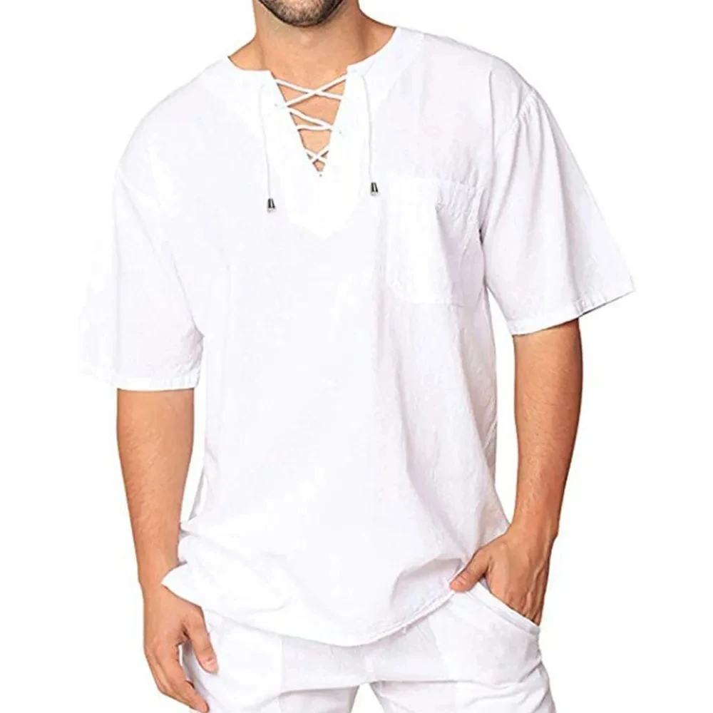 

2023 Men Shirts Short Sleeve Breathable Lace Up V-neck T-Shirt Summer Men Casual Pocket Blouse T Shirt Male Streetwear Top Shirt