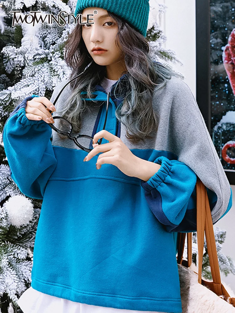 

TWOTWINSTYLE Hit Color Autumn Sweatshirts For Women Hooded Long Sleeve Spliced Drawstring Pullover Sweatshirt Female Fashion New