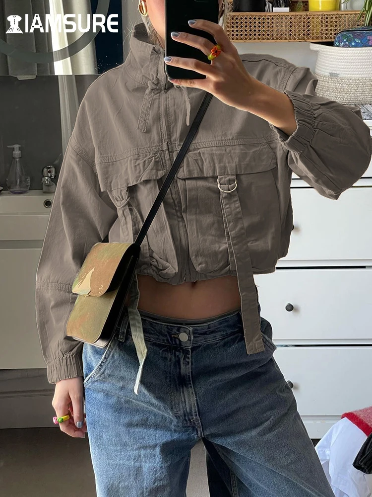 

IAMSURE Safari Style Pockets Ruffles Cropped Coats Casual Loose Zipper Long Sleeve Jackets Women 2023 Autumn Winter Fashion Lady