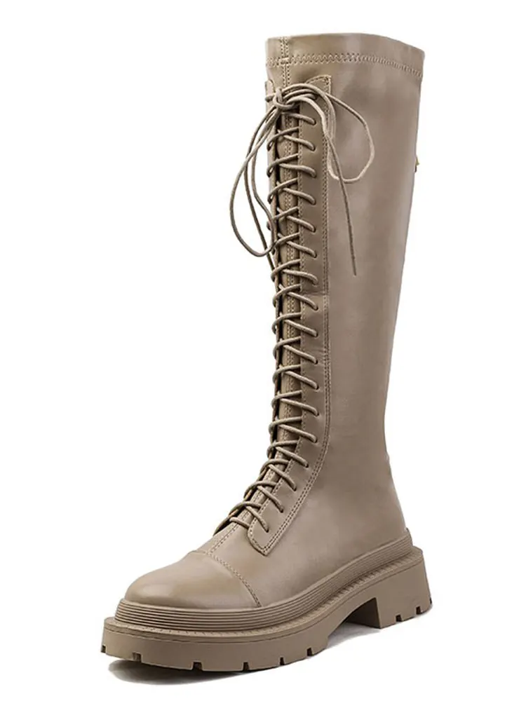 2022 Elegant Ladies Knee-High Boots Lace Up Round Toe Outdoor Female Casual Shoes Cross-tied Zippers Fashion Women Long Boots