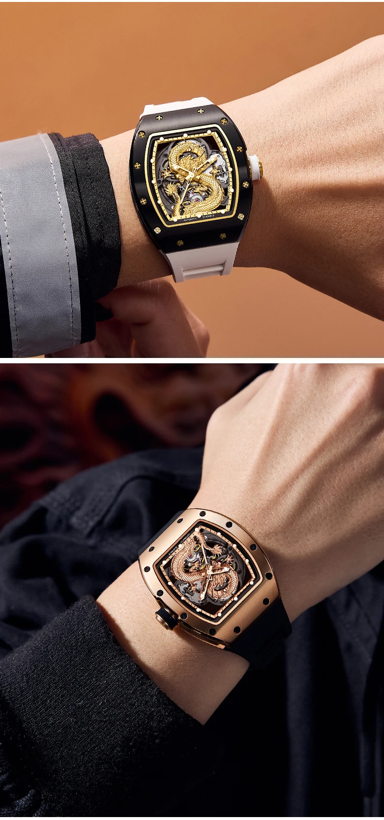Dragon Mechanische Herrenuhr Tonneau-Gehäuse Automatik Skelett Edelstahl Armbanduhr Leuchtend Wasserdicht Silikonarmband – Detail 6