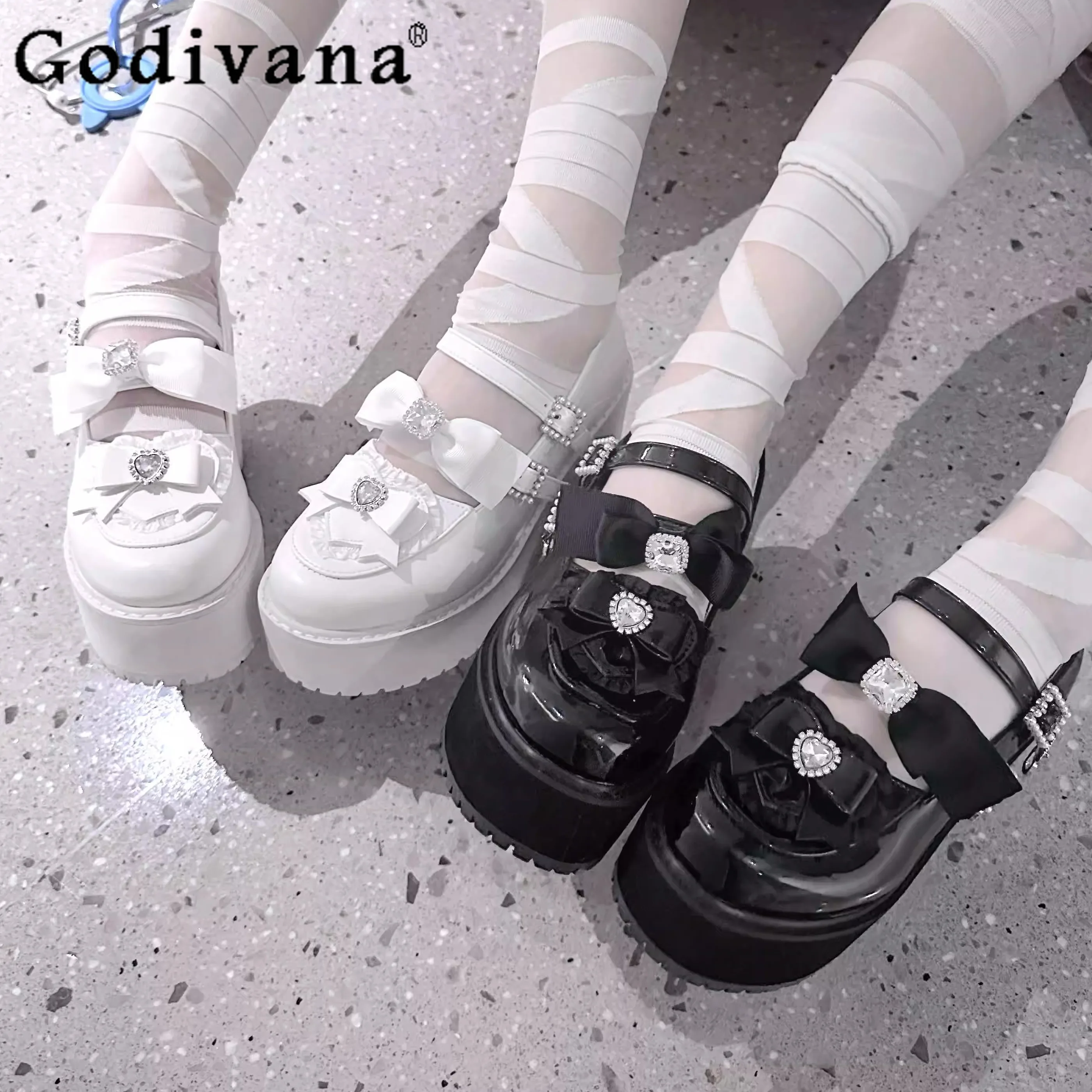 

Sweet Cool Rhinestone Bow Chunky Heels Pumps Japanese Hot Girl Single Shoes Classic Solid Color High Heels Casual Women Paltform