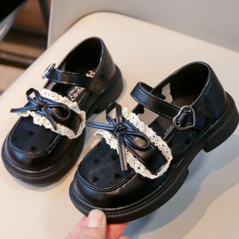 Leather Mesh Breathable Black Kids Mary Jane Shoes for Girls