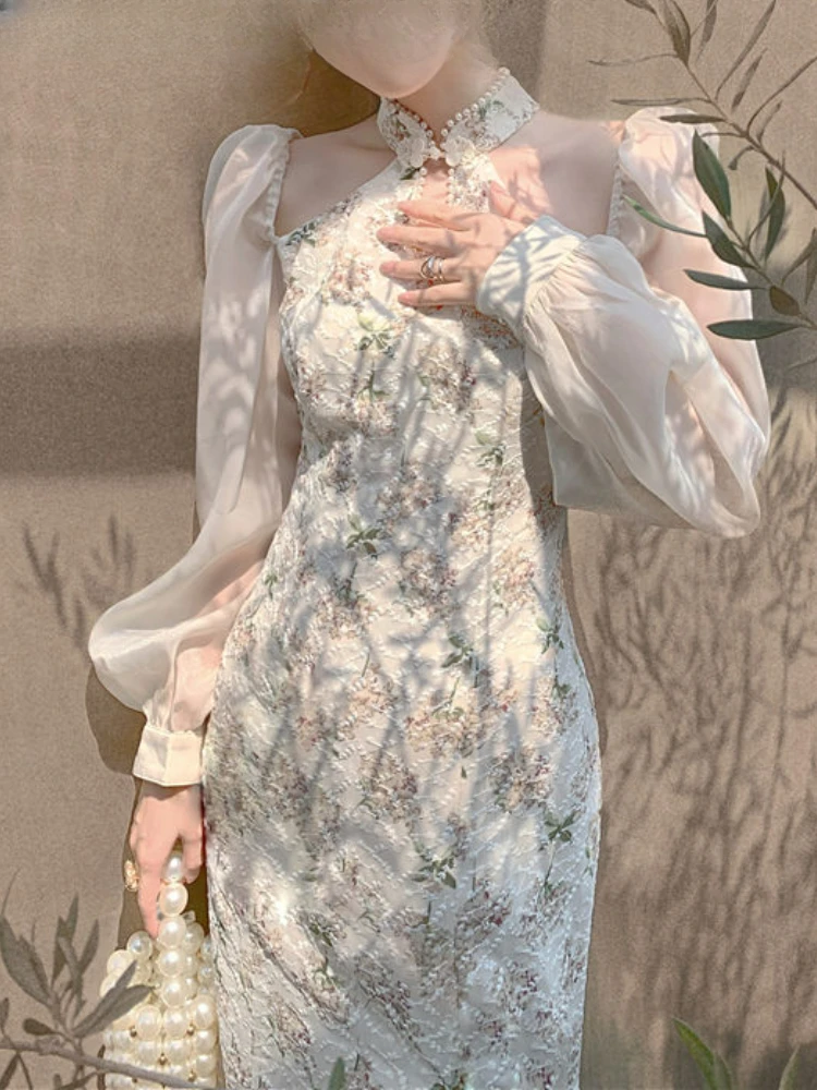 

Vintage Elegant Cheongsam Dress Women Floral Embroidery Design Party Fairy Dress Female 2024 Spring Court Retro Long Split Dress