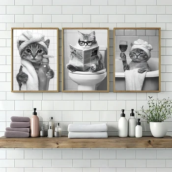 Animali carini in bianco e nero Pittura su tela Gatto divertente Stampe Poster per bagno WC Immagine di arte della parete Decorazioni per la casa Senza cornice