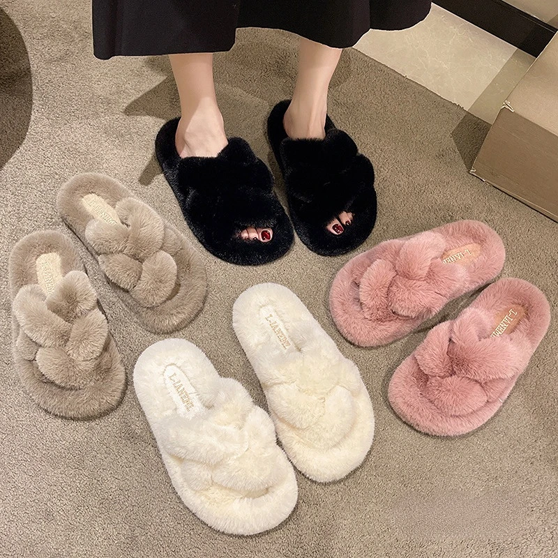 Women Fashion Warm Fluffy Slippers Cozy Faux Fur Cross Indoor Floor Slides Flat Soft Furry Ladies Female Celebrities Flip Flops