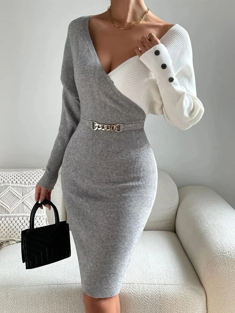 

Fashion Dresses for Women Colorblock Button Decor Long Sleeve Knit Dress Vestidos De Mujer Casual Elegant Mini Robe Female