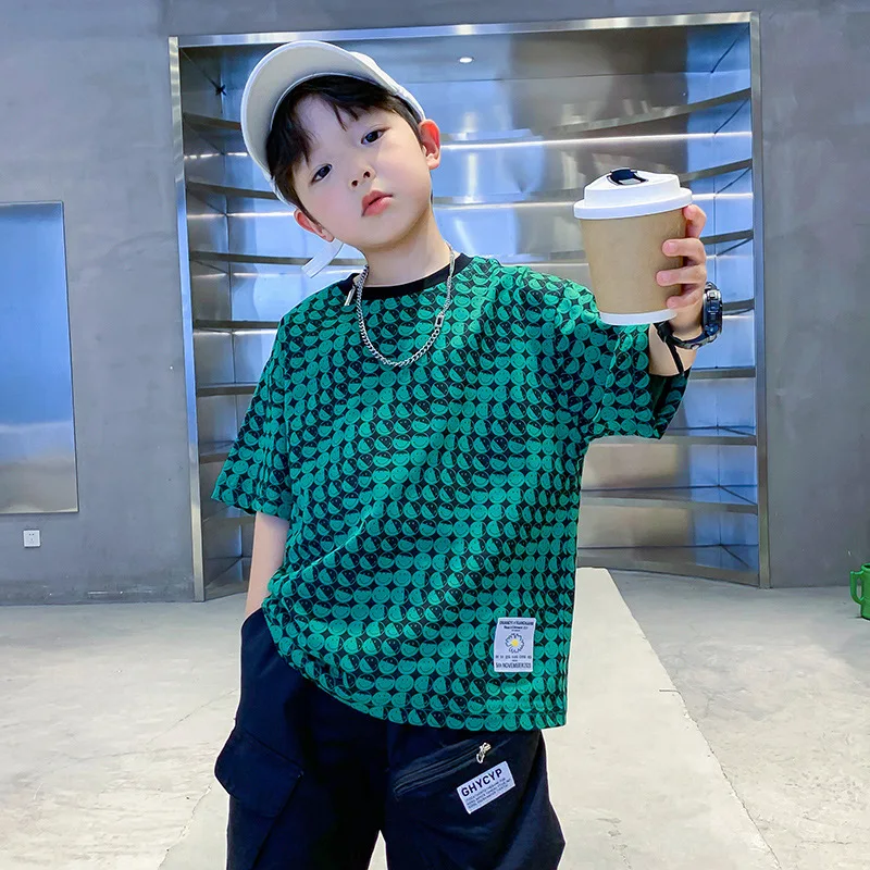 Fashion Brand Full Printed Boys' Pure CottonTSummer T-shirt2024New Children's Short Sleeve Clothes Middle and Big Children's Hal