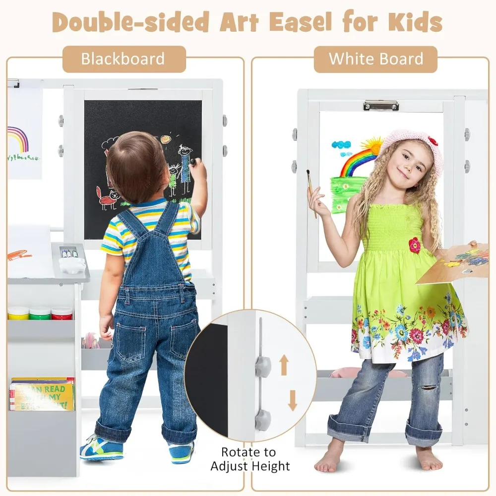 3 in 1 Kids Art Table and Chair Set, Toddler Craft and Play Wood Activity Desk with Double-Sided Easel Blackboard Whiteboard 3