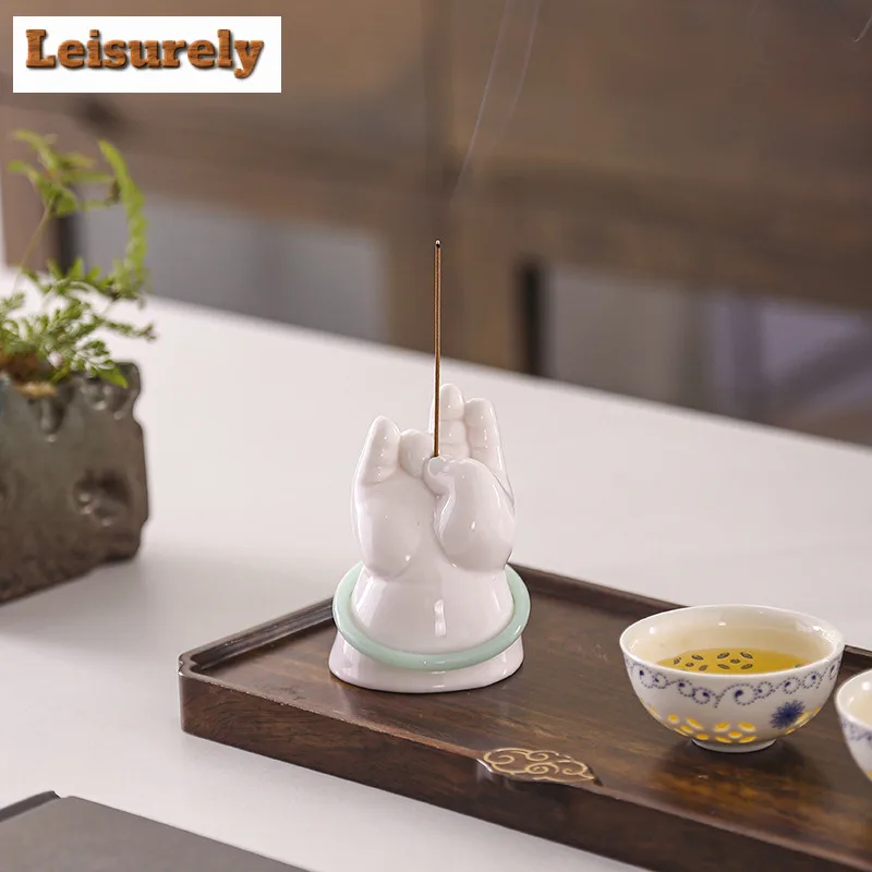 White Porcelain Buddha Hand Incense Holder Luxury Diffuser Incense Burners Meditation Smell Distributor Censer Yoga Ornaments