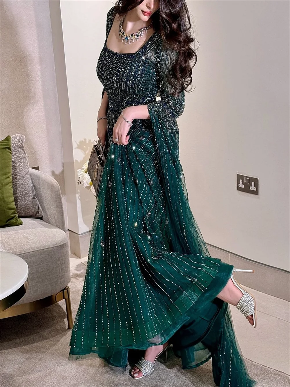 Saudi A Line Beading Prom Dress Square Collar Long Sleeves Evening Dress  Wedding | eBay
