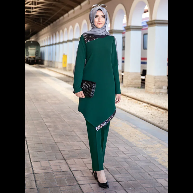 Ramadan Eid 2 Piece Muslim Sets Abayas for Women Tops and Pants Set Turkey Dubai Abaya Dress Islam Clothing Ensembles Musulmans