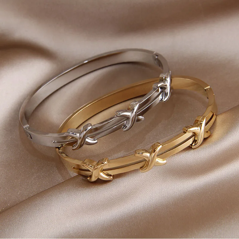 Classic Stainless Steel Metal Cross Geometric Bracelet for Women Elegant Letter Bangles Rust-proof Wrist Jewelry 2