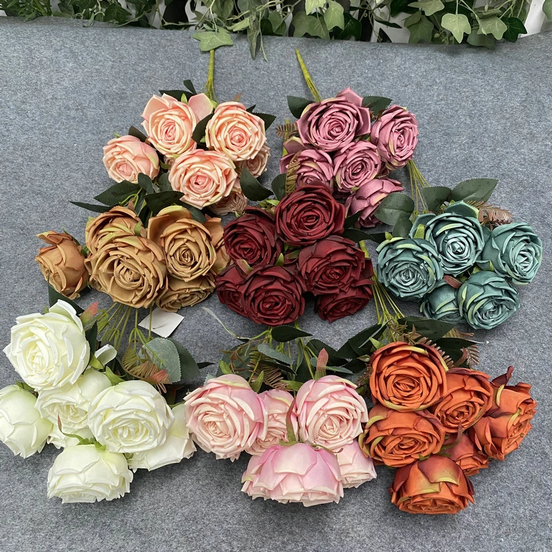 Artificial Silk Bouquets Royal Concubine Roses Bridal Bouquet Photo Props Home Wedding Decorations Fake Flowers Green Plants