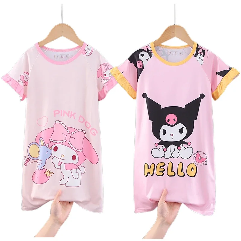 

Sanrios Anime My Melody Cinnamoroll Kuromi Cartoon Cute Children Home Clothing Nightgown Girls Short Sleeve Pajama Skirt Dress