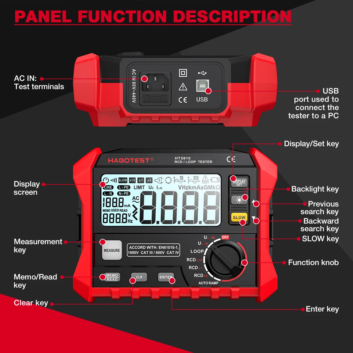 HABOTEST HT5910 Leakage Switch Tester LCD Digital Resistance Meter RCD/Loop Tester 1000 Data Storage Voltmeter Megohmmeter resistance tester