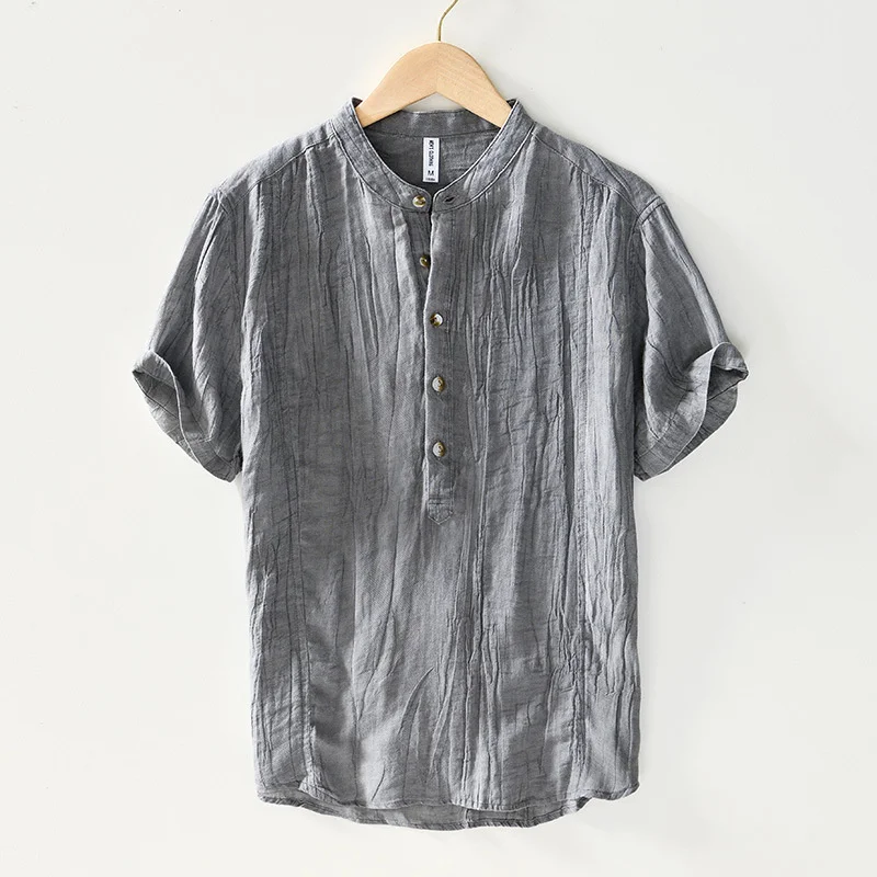 

Vintage Wrinkled Linen Tencel Shirts for Mens Breathable Solid Color Henley Shirt Short Sleeve Casual Stand Collar Beach Tops
