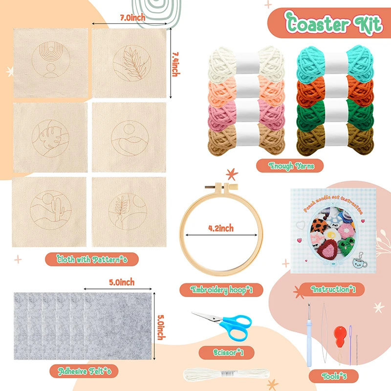 Punch Needle Embroidery Kit 22Pcs Punch Needle Embroidery Kit DIY Stitching Coasters Needlecraft Boho Pattern Tufted Rug Pads with Felt Yarns for Beginners