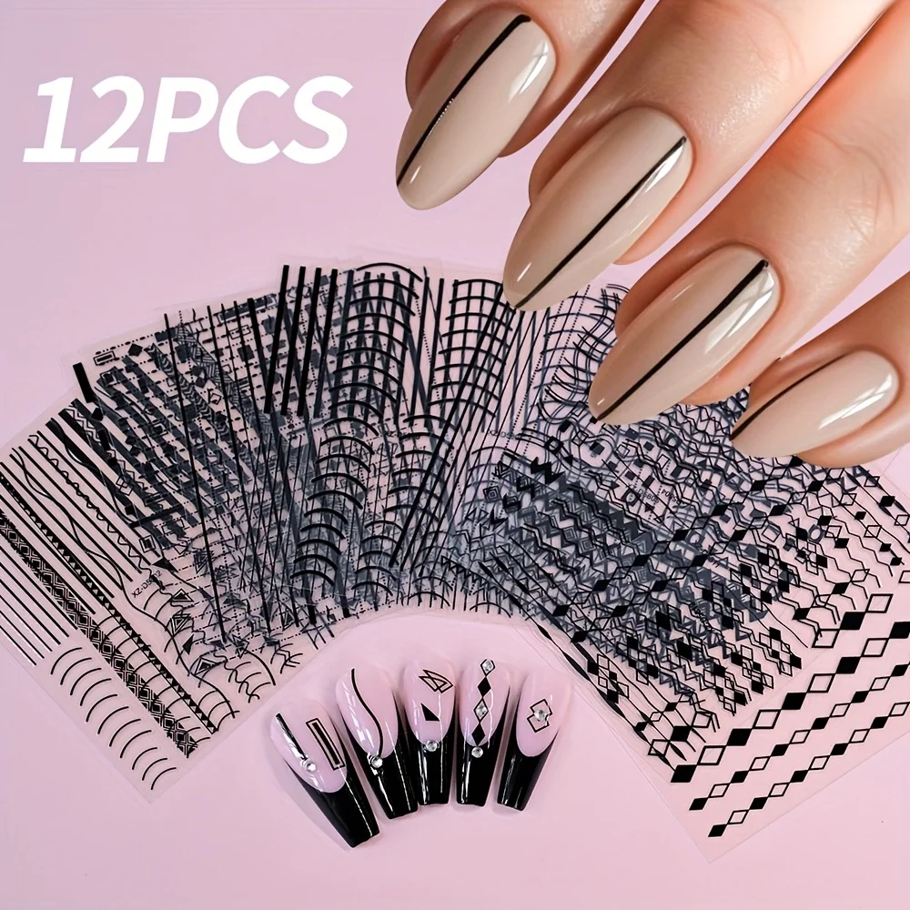 12-piece self-adhesive glossy black and white stickers - 3D stripes and geometric patterns, easy-to-apply DIY nail stickers, - 6