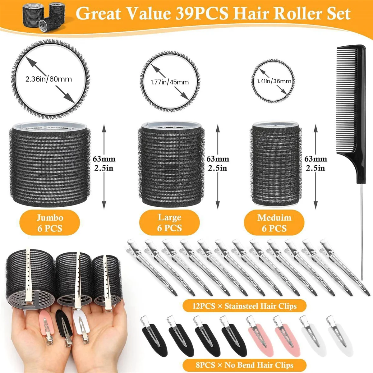 43PCS Hair Curlers Rollers with Clips 3 Sizes Jumbo Roller 12Duckbill Clips Rollers