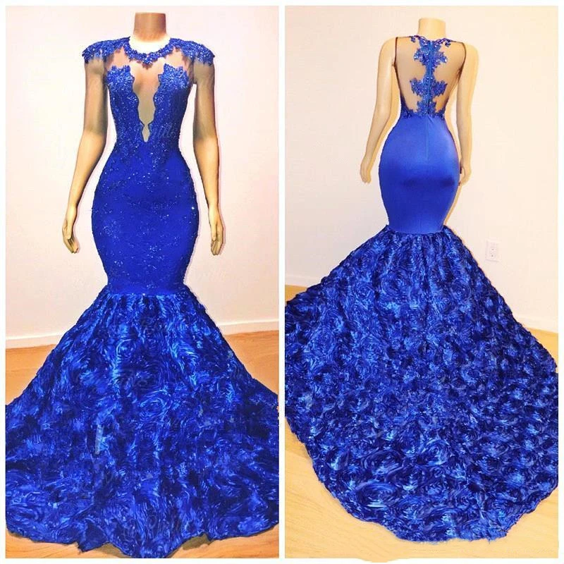 Classic Royal Blue Mermaid Evening Dresses Rose Flowers Long Sheer Neck Applies Beads African Pageant Dress Evening Gowns evening dresses with sleeves