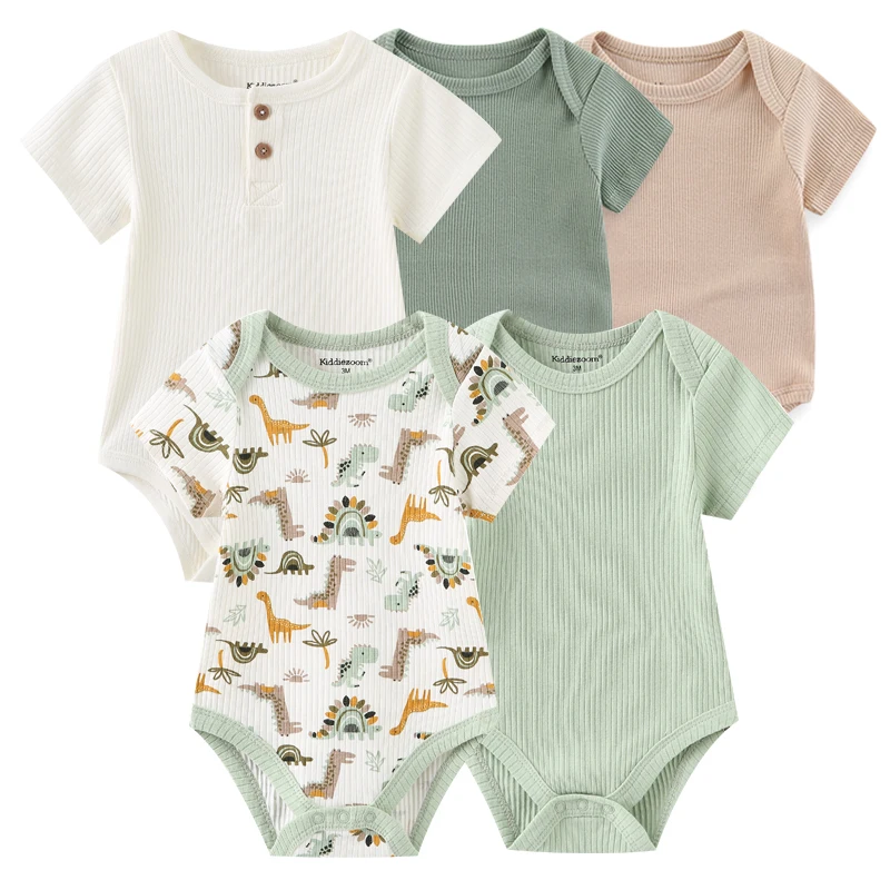 New Born Bodysuits Unisex 5Pieces Baby Girl Clothes Solid Color Cotton Baby Boy Clothes Set Cartoon Print Summer Bebes 2