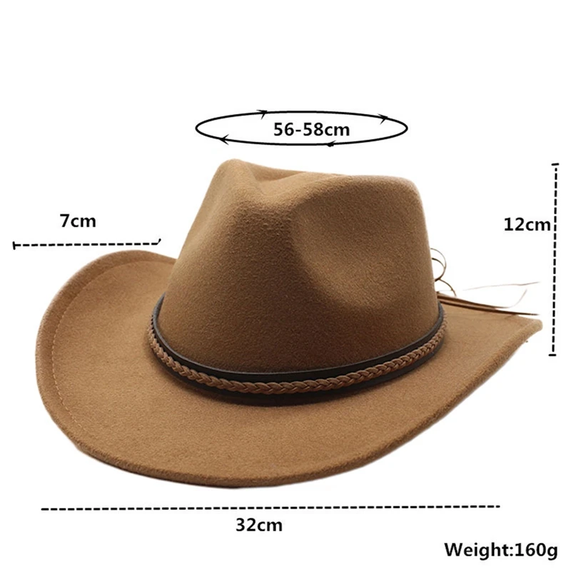 Cowgirl Hats for Women Men Retro Classic Cowgirl Hats Wide Brim Felt Hats with Decorative Band - 6