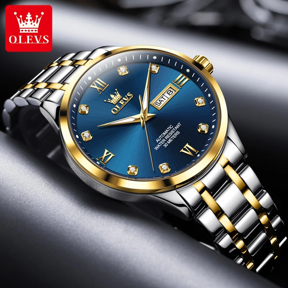 OLEVS 9946 Automatic Watch For Men Dual Calendar Luxury Original Mechanical Wristwatch 42mm Big Dial Waterproof Man Dress Watch