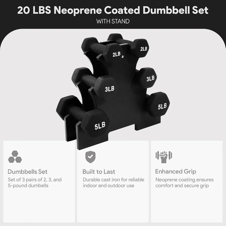 Neoprene Coated Iron Dumbbell Hex Weights Set with Stand – Color-Coded or Black Options with Non-Slip Grip for Strength Training
