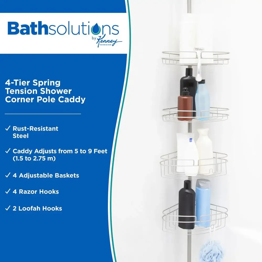 4-Tier Adjustable Corner Shower Caddy with Razor Holder Rust-Resistant Metal Wire Baskets Fits 5-9ft Ceilings Easy Install Satin