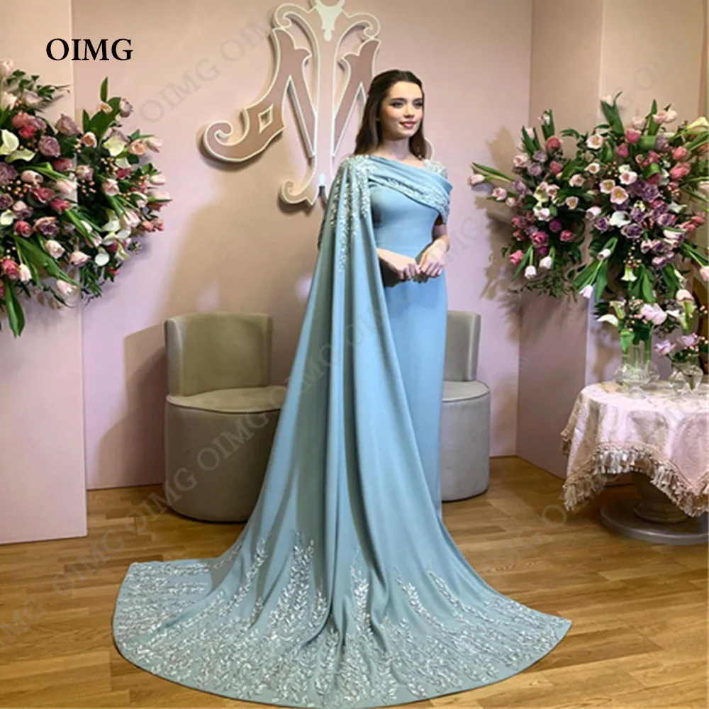 

OIMG Blue One Shoulder Satin Evening Gowns Lace Sweep Train African Prom Dresses Women Formal Party Dress Robe De Soiree