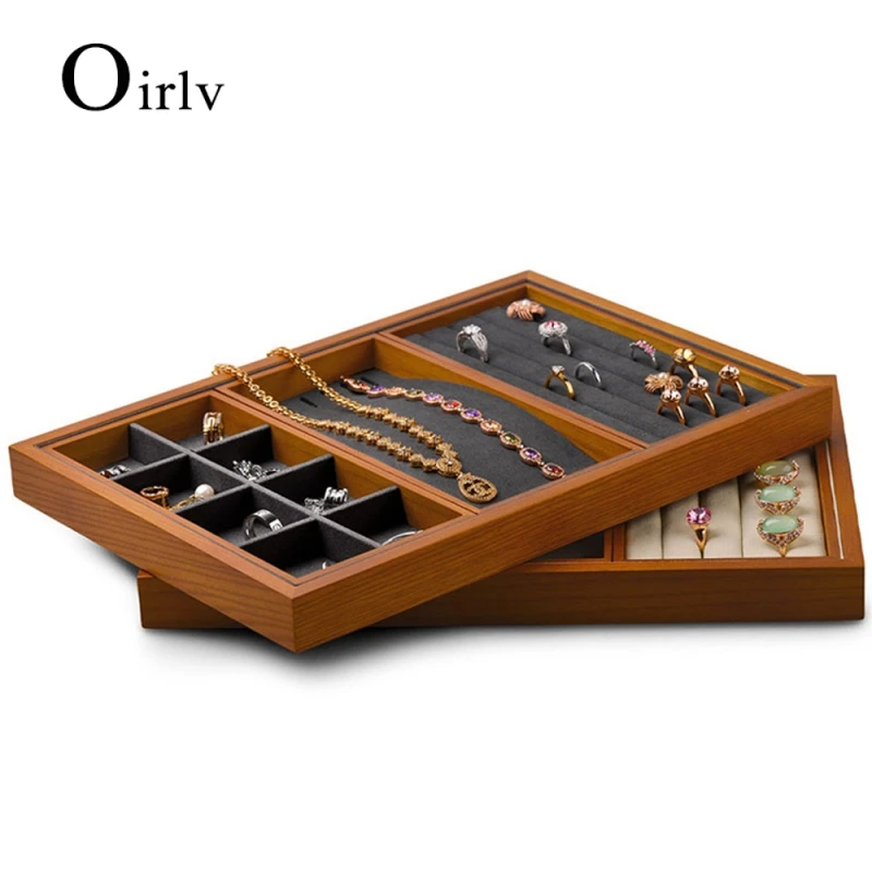 Oirlv Beige&Dark Grey Solid Wood Multi-function Jewelry Display Trays with Microfiber Jewelry Storage Pallet Drawer Accessories
