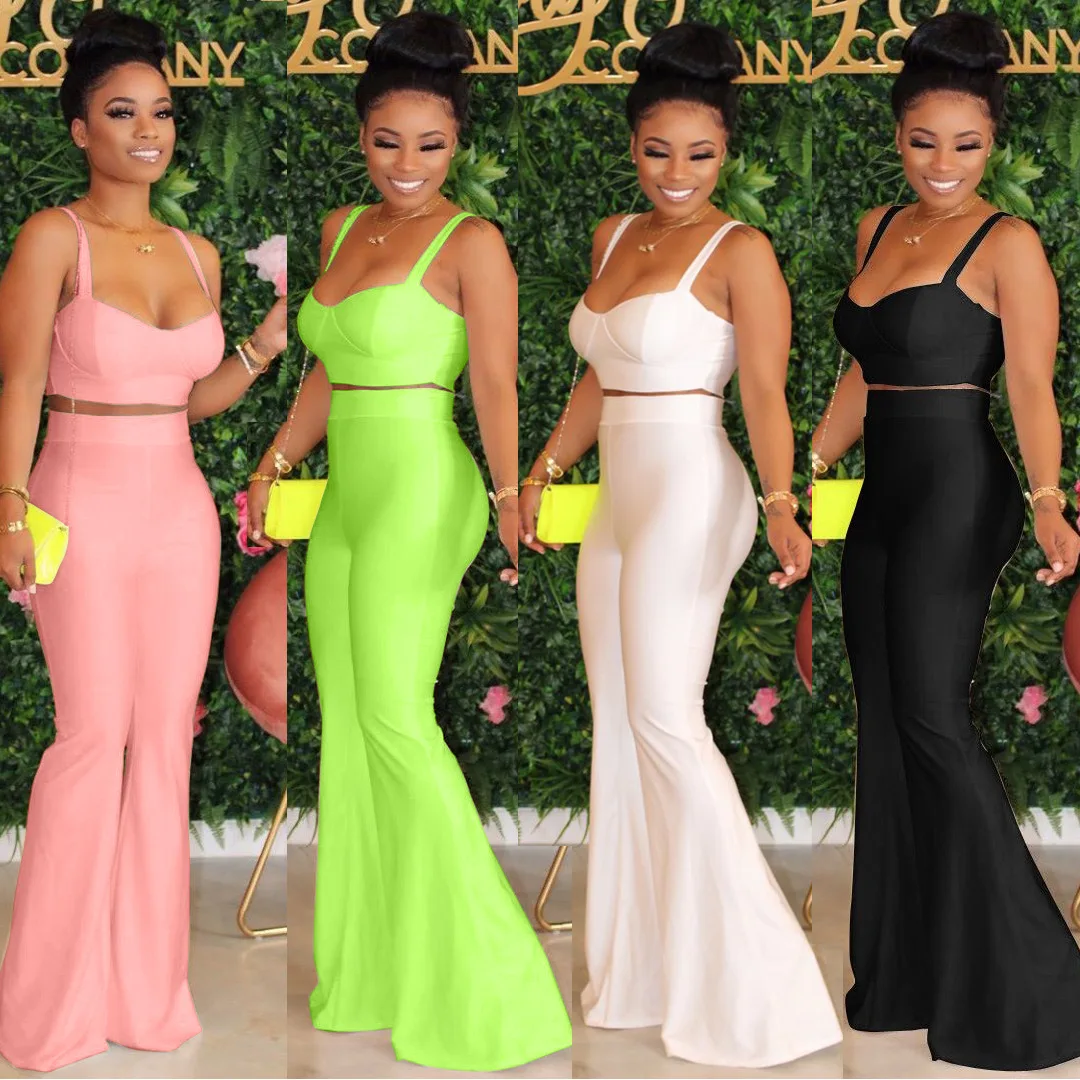 Set Estivo A Due Pezzi Casual Neon Spaghetti Senza Spalline Senza Maniche Corp Top Pantaloni Lunghi Svasati Completo Da Notte Completo Da Festa Tuta D