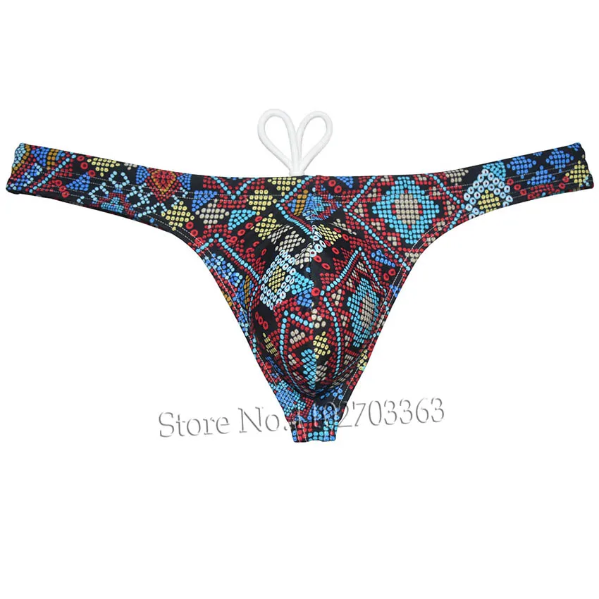 Mens Print Tangas Briefs Beachwear Surfing Drawstring Swimwear T-back Mini Bikini Swim Thongs Male Panties