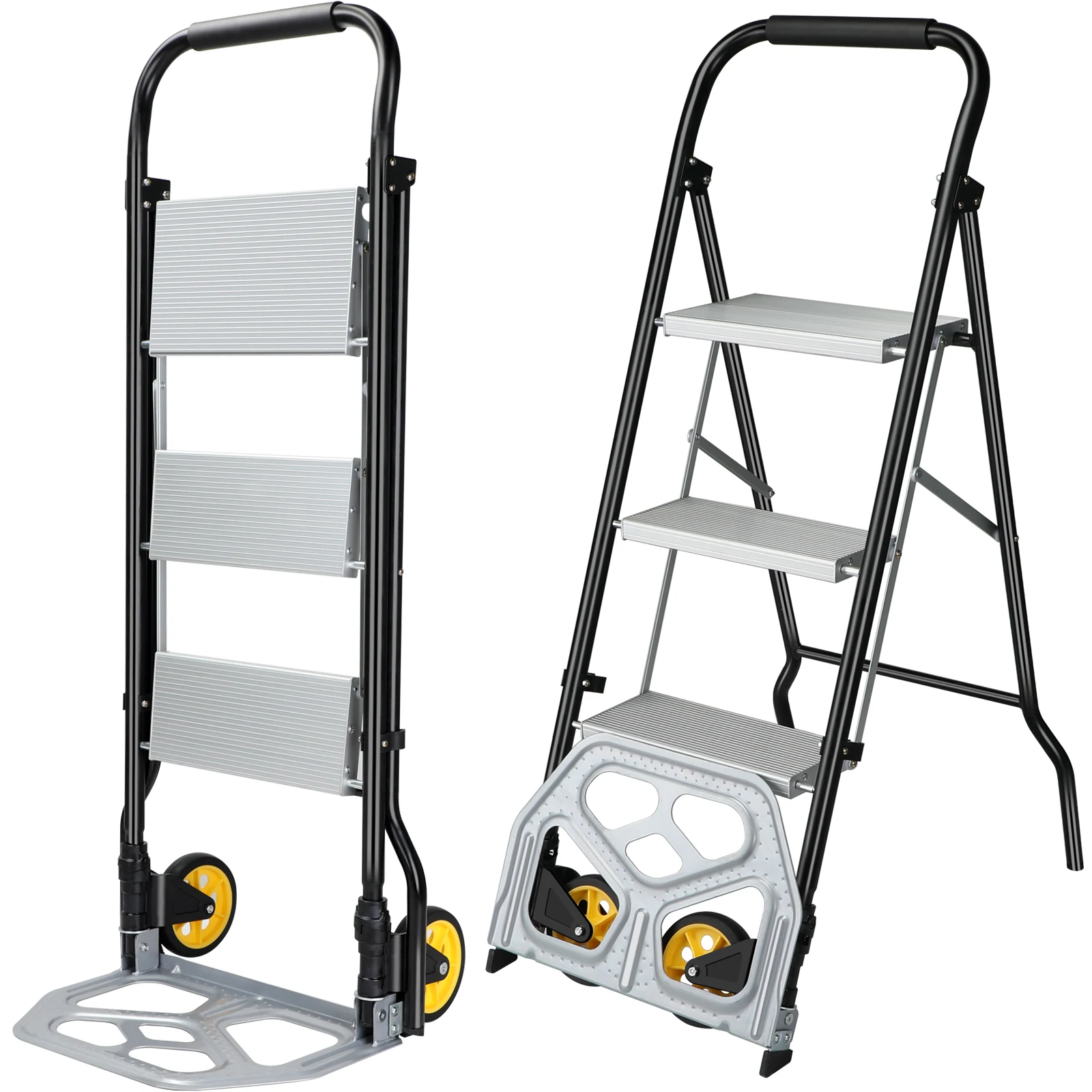 POWSTR Folding Sack Truck & 3/2 Step Ladder 2 in 1 Aluminum Sack Trolley with Foldable Wheels for Moving Luggages