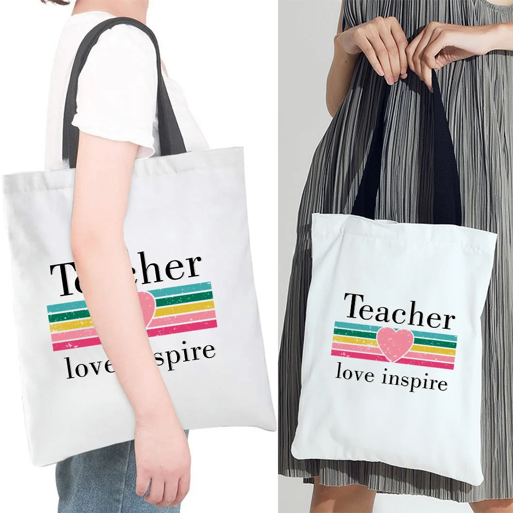 Foldable Shoulder Bag Women Grocery Canvas Organizer Shopping Bags Outdoor Travel Storage Handbag Teacher Pattern Reusable Tote