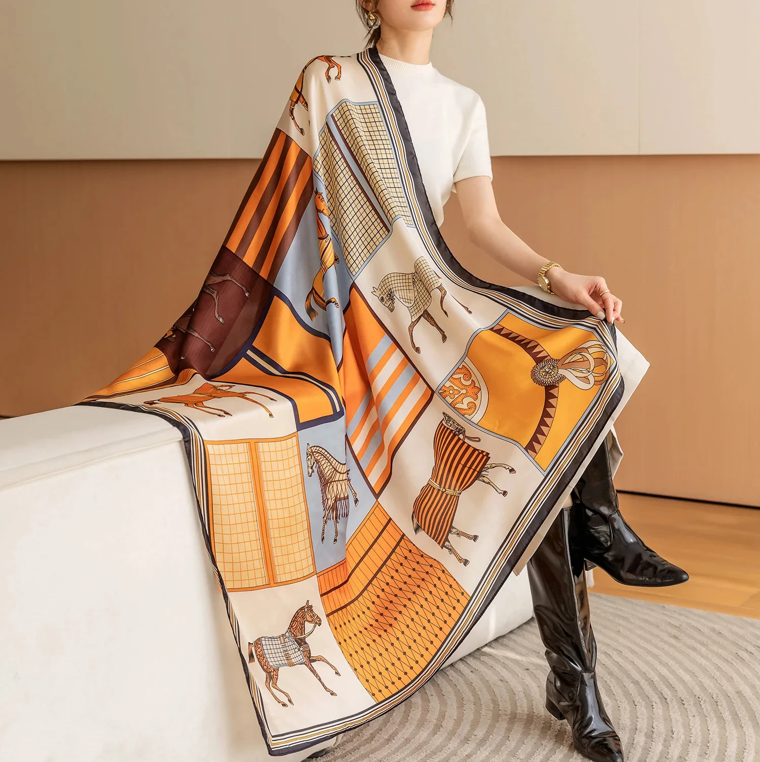 Bufanda cuadrada con estampado de caballo de lujo para mujer, chal de satén similar a la seda Vintage, envoltura para la cabeza al aire libre a prueba de viento, 110x110cm