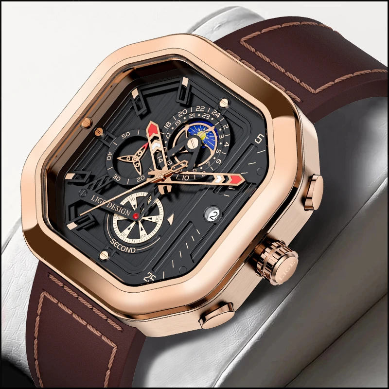 

LIGE Men Watches Top Brand Luxury Waterproof Square Leather Quartz Wristwatch for Men 24 Hour Date Sport Clock Male Montre Homme
