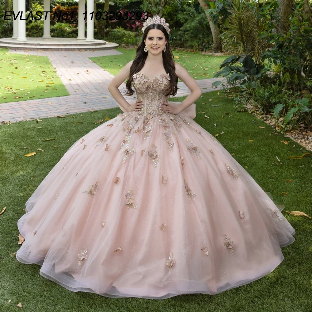 EVLAST Beige Ball Gown Quinceanera Dress Butterflies Applique Beading Bow Sweet 16 Party Vestidos De 15 Anos E1Q695