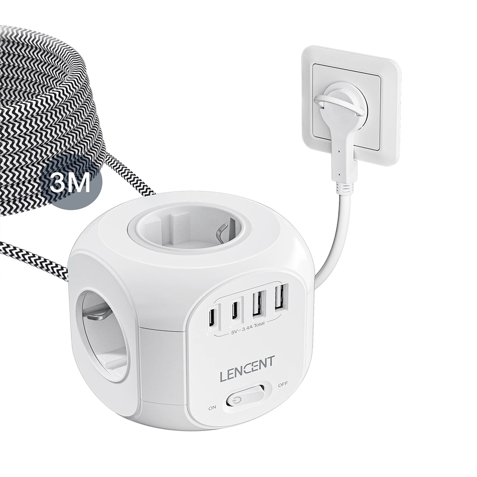 Compact Power Strip with 4 Outlets & USB Ports, Braided Cable, and Switch
