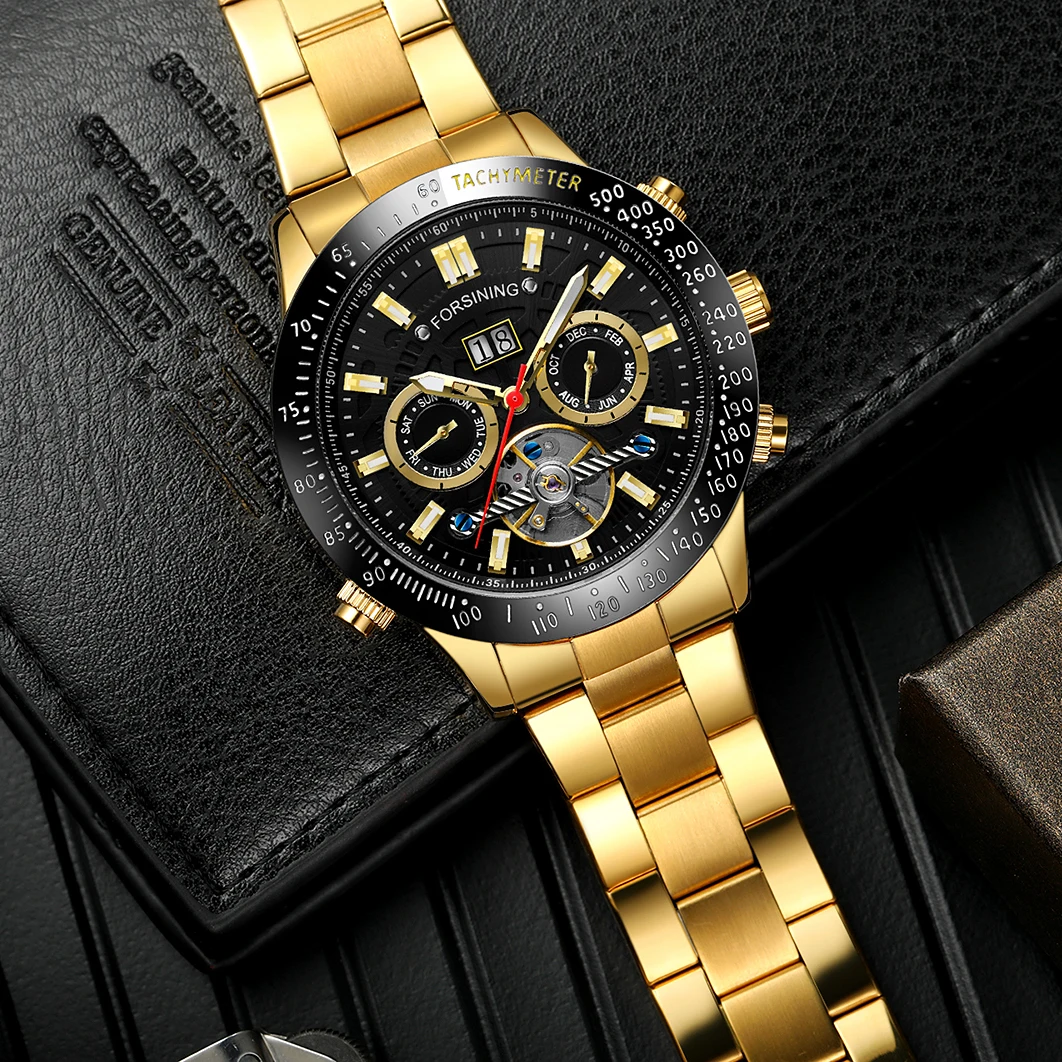 FORSINING Luxury Automatic Movement Large Watches For Men Tourbillon Mechanical Chronograph Clock Waterproof Military Wristwatch