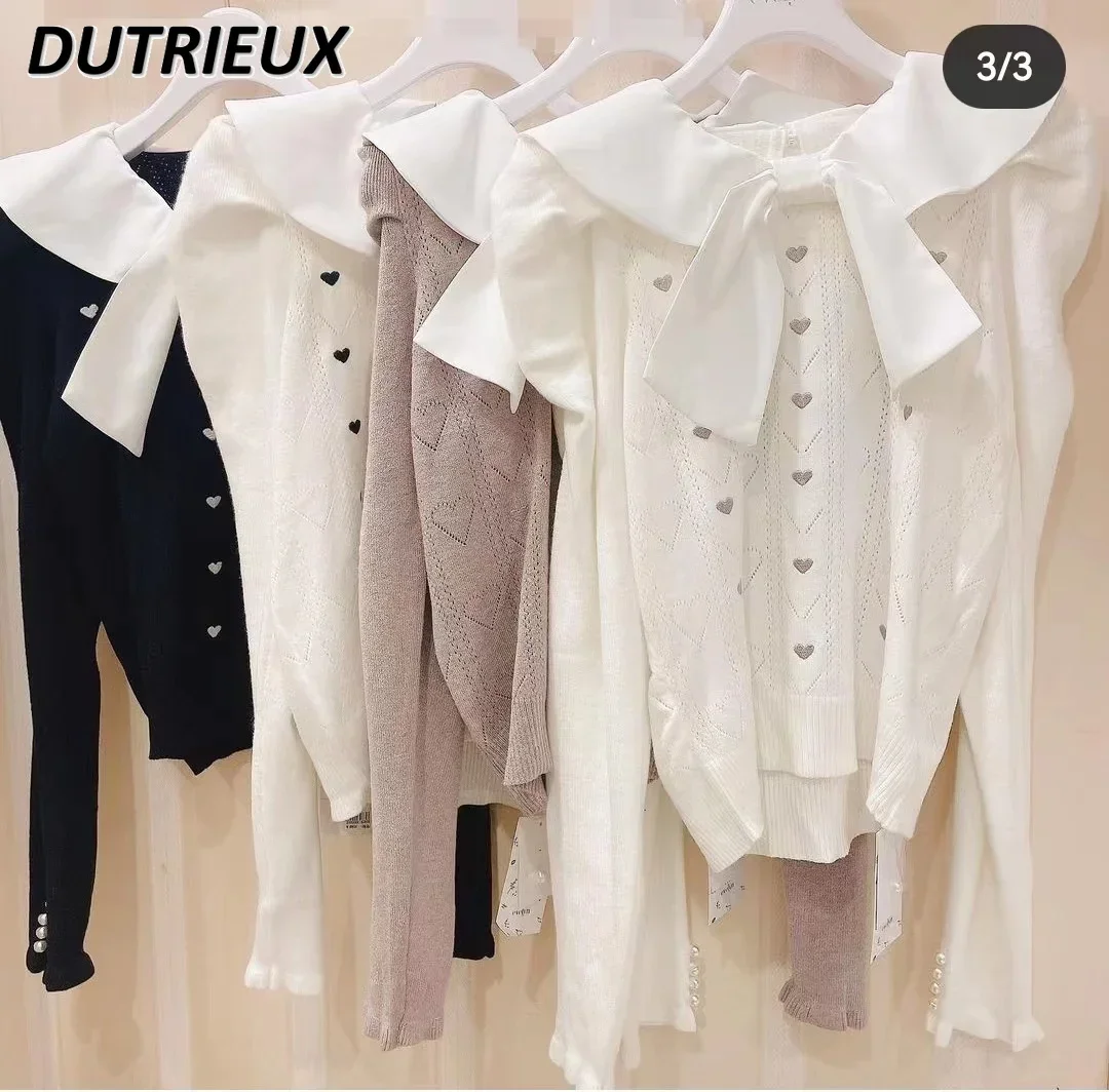 

Japanese Heart Embroidered Cute Doll Collar Big Bow Knitted Sweater Coat Women Lolita Autumn Winter New Long Sleeve Sweater Top