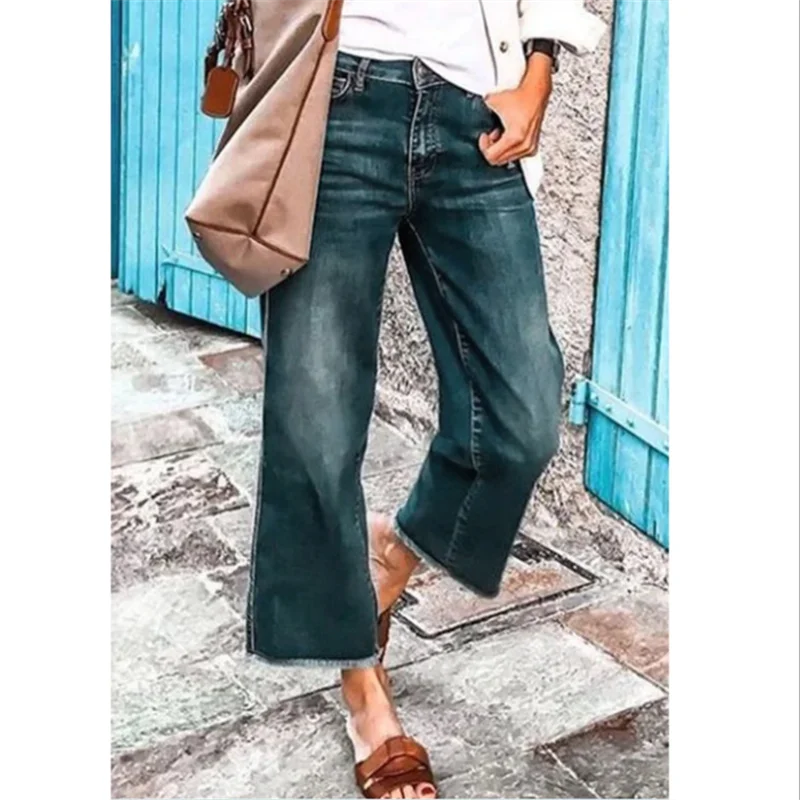 

2023 Autumn Female Flare Jeans School Girls Frayed Hem Cropped Denim Pants Plus Size Ankle-length Woman Vintage Trousers Loose