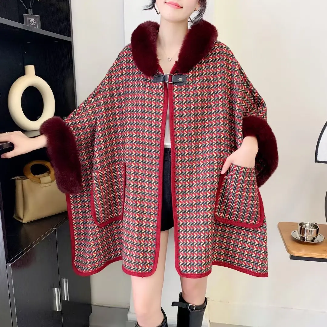 5 Colors Fashion Women Loose Cloak Houndstooth Designer Long Streetwear Faux Rabbit Fur Hat Horn Button Poncho Coat With Pocket