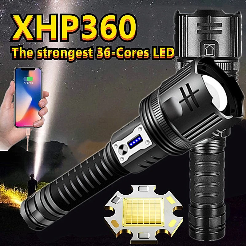 100000000lm Xhp360 Most Powerful Led Flashlight 26650 5 Modes Zoom Torch Usb Rechargeable Xhp199