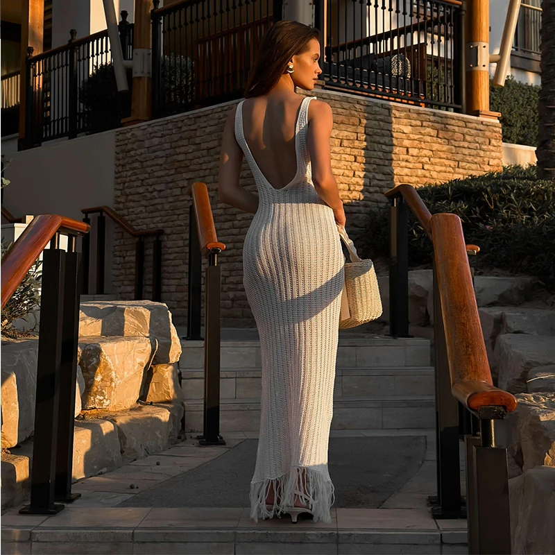 Vestido largo blanco de punto con borlas para mujer, sexy, con escote en V, sin mangas y espalda descubierta, para playa, verano 2025