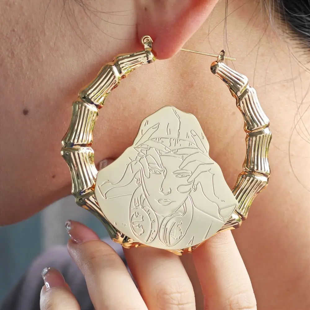 2023 Custom Picture Engraving Abstract Hoop Earring For Women Personalize Photo Gold Bamboo Earring Party Jewelry Gifts