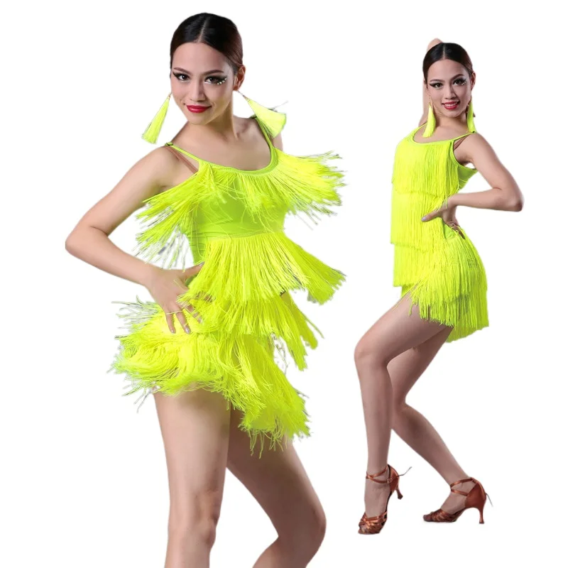 

Kids Adult Latin Dance Dress For Girls Tassel Fringe Ballroom Salsa Tango Dance National Standard Competition Practice Costumes