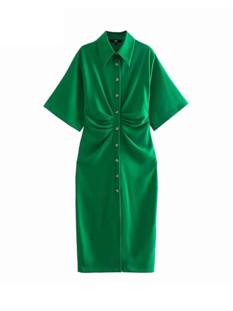 

Fashion Button-up Draped Midi Shirt Dress Vintage Short Sleeve Side Zipper Female Dresses Vestidos shirt dresses Women Chic